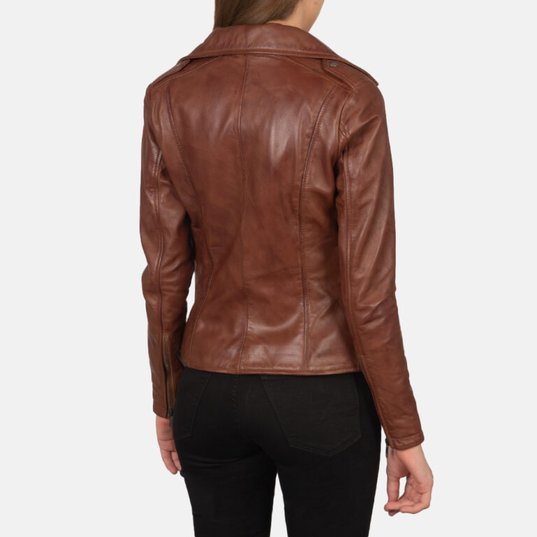 Womens Flashback Brown Leather Biker Jacket Tilted Back-8-1659378456914